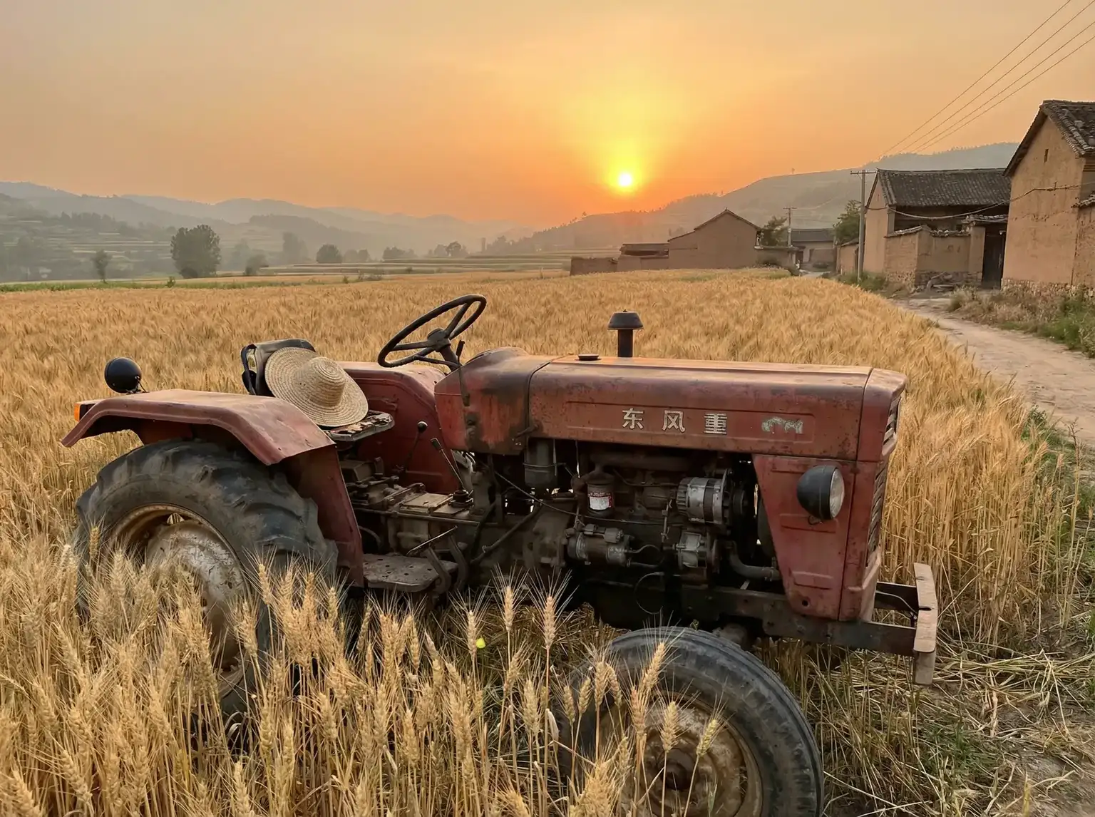 夕阳下的老式拖拉机停在麦田边 - 伦理电线在2019 田间记忆
